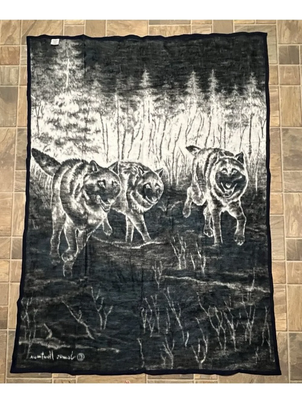 Biederlack Throw Blanket Wolves On Move USA 60x80” Wolf Pack Blue Black Cover